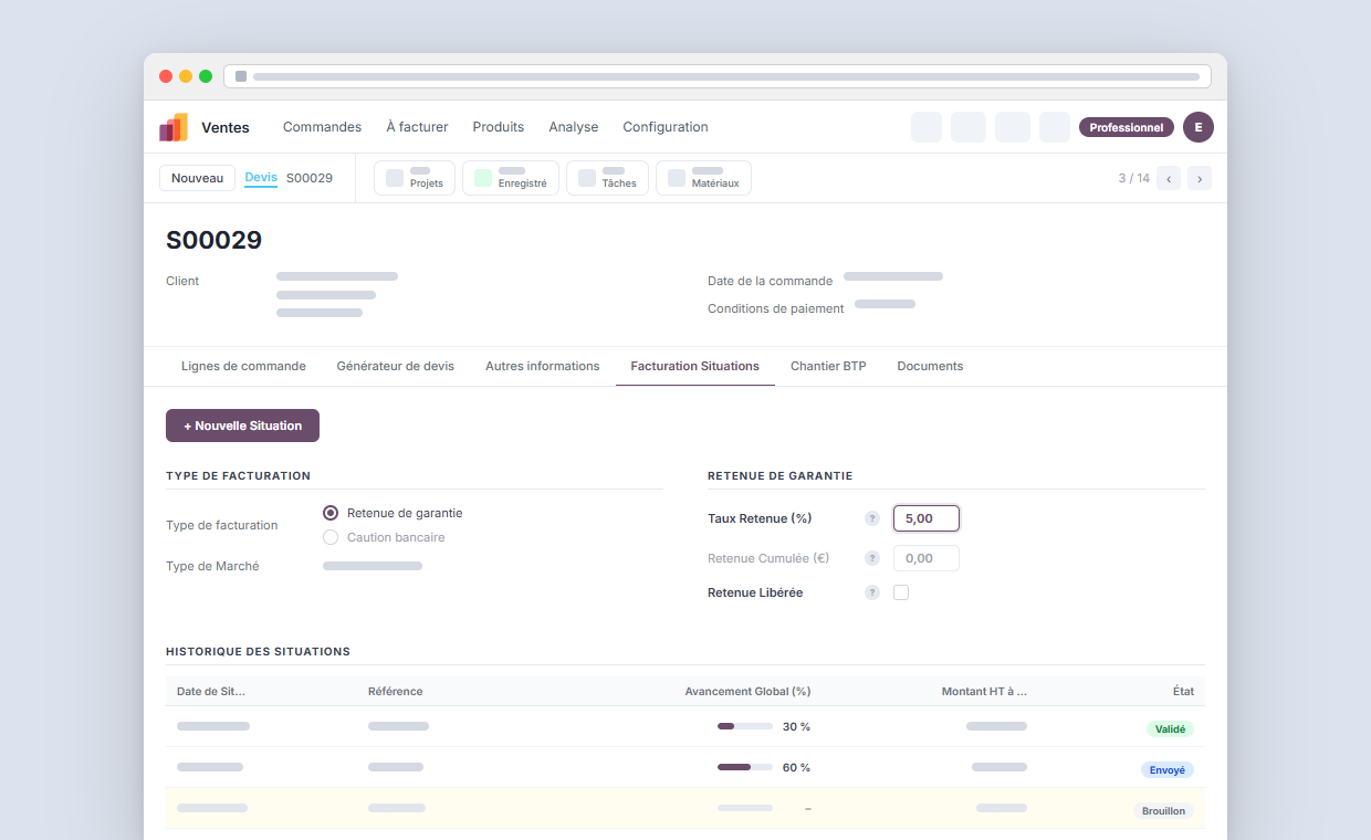 Interface OdooBTP de retenue de garantie