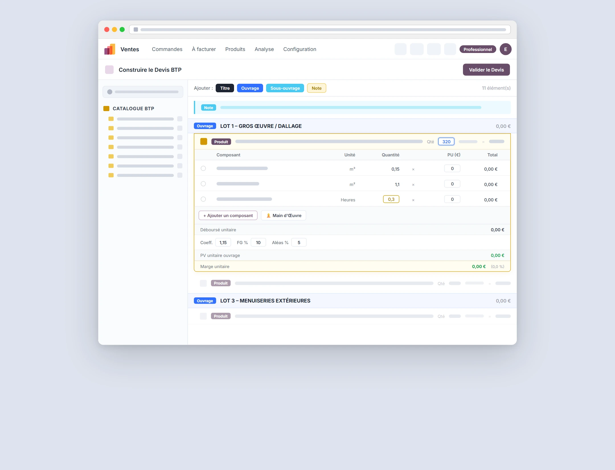 Interface de l'éditeur de devis Odoo avec notre extension CPQ - écran de création de devis avec configuration produit et tarification dynamique
