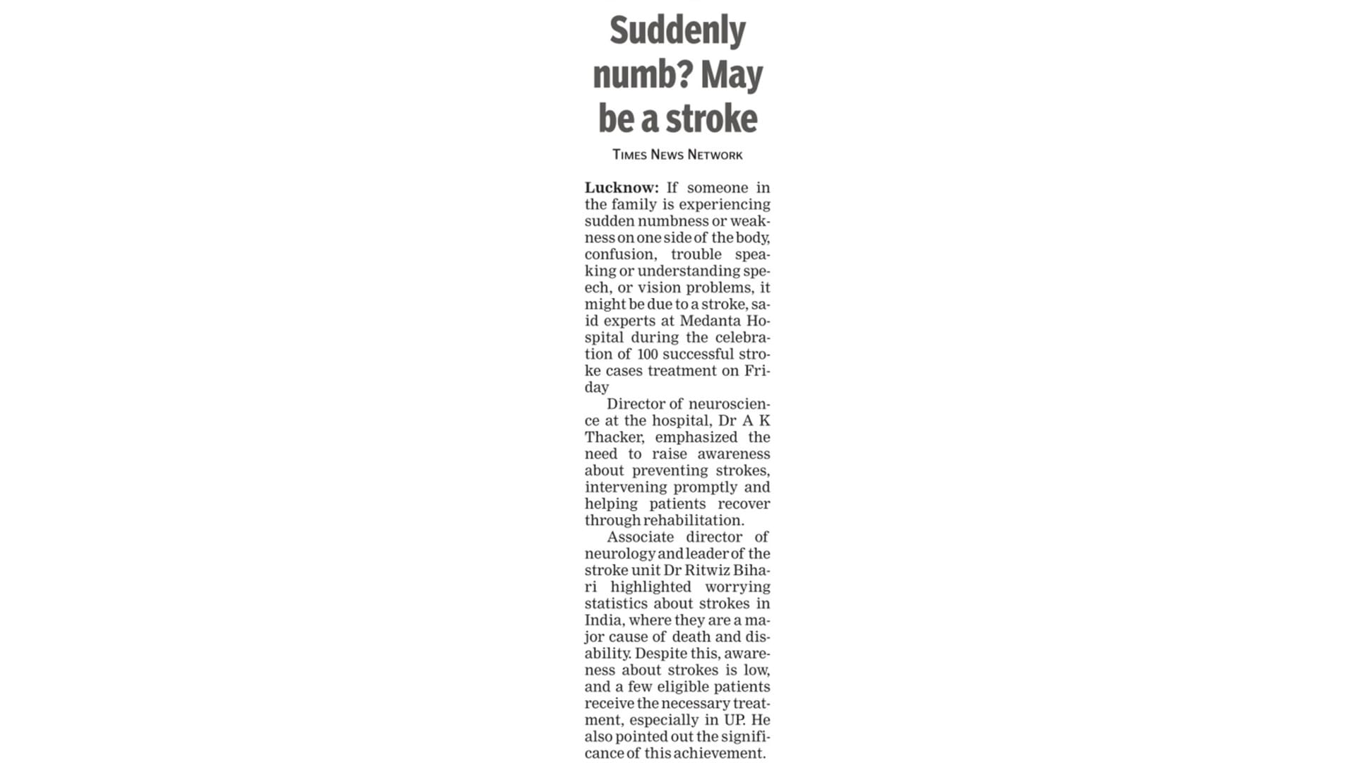 Suddenly Numb? It May Be a Stroke: Medanta Experts