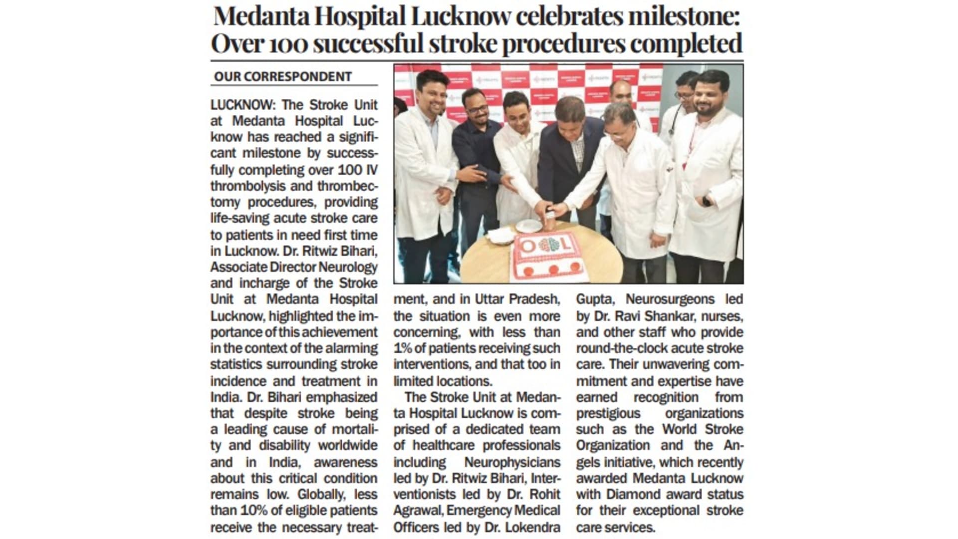 Medanta Hospital Lucknow Celebrates Milestone: Over 100 Successful Stroke Procedures