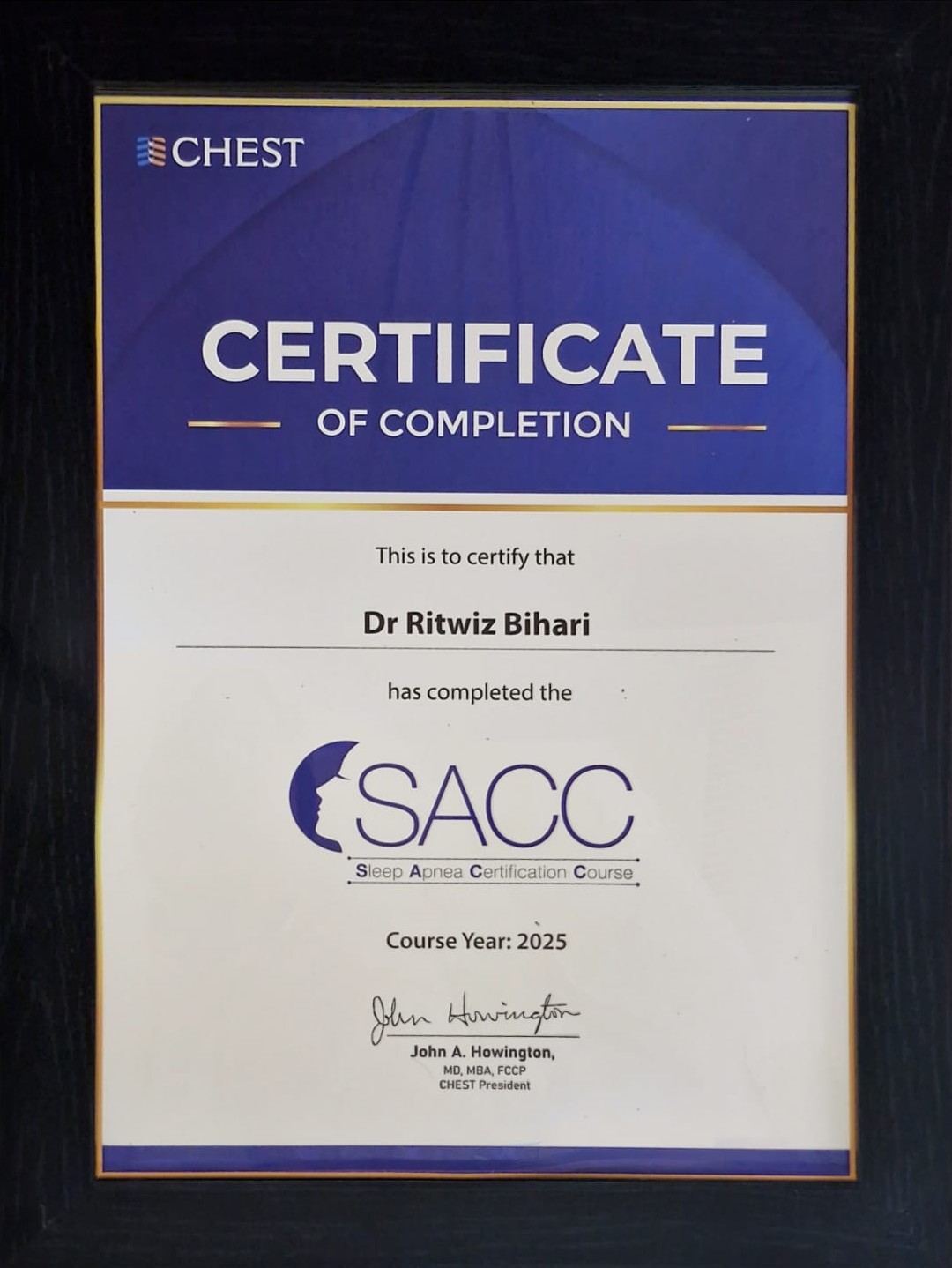 CHEST Certificate of Completion awarded to Dr Ritwiz Bihari for completing the SACC Sleep Apnea Certification Course, Course Year 2025