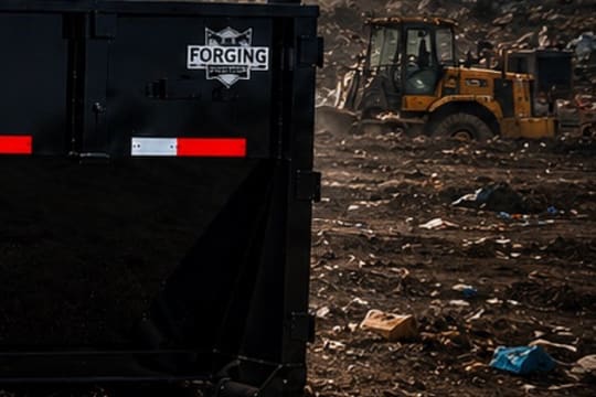 A Forging Solutions roll-off dumpster bin at a disposal site