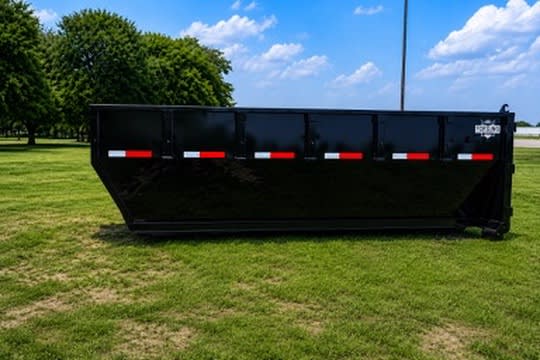 The black 16-by-7-foot roll-off dumpster bin
