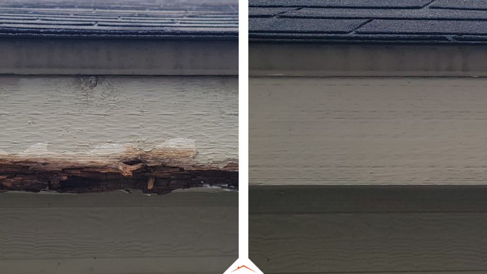 Before and after fascia repair showing damaged wood replaced with new material