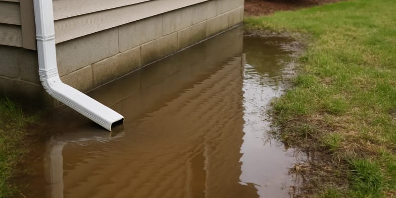 Water pooling at foundation due to improper downspout discharge
