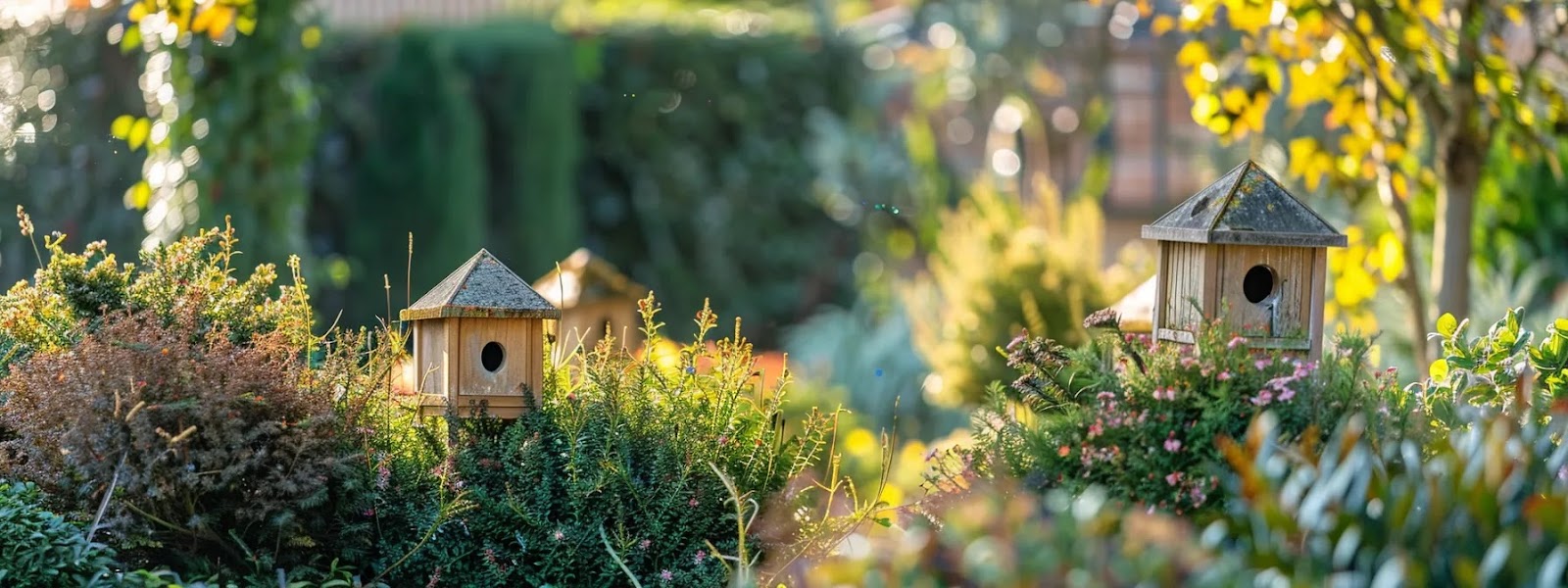 a thoughtfully designed urban garden features strategically placed birdhouses amidst an array of vibrant shrubs, creating a charming and bustling haven for diverse bird species to thrive.