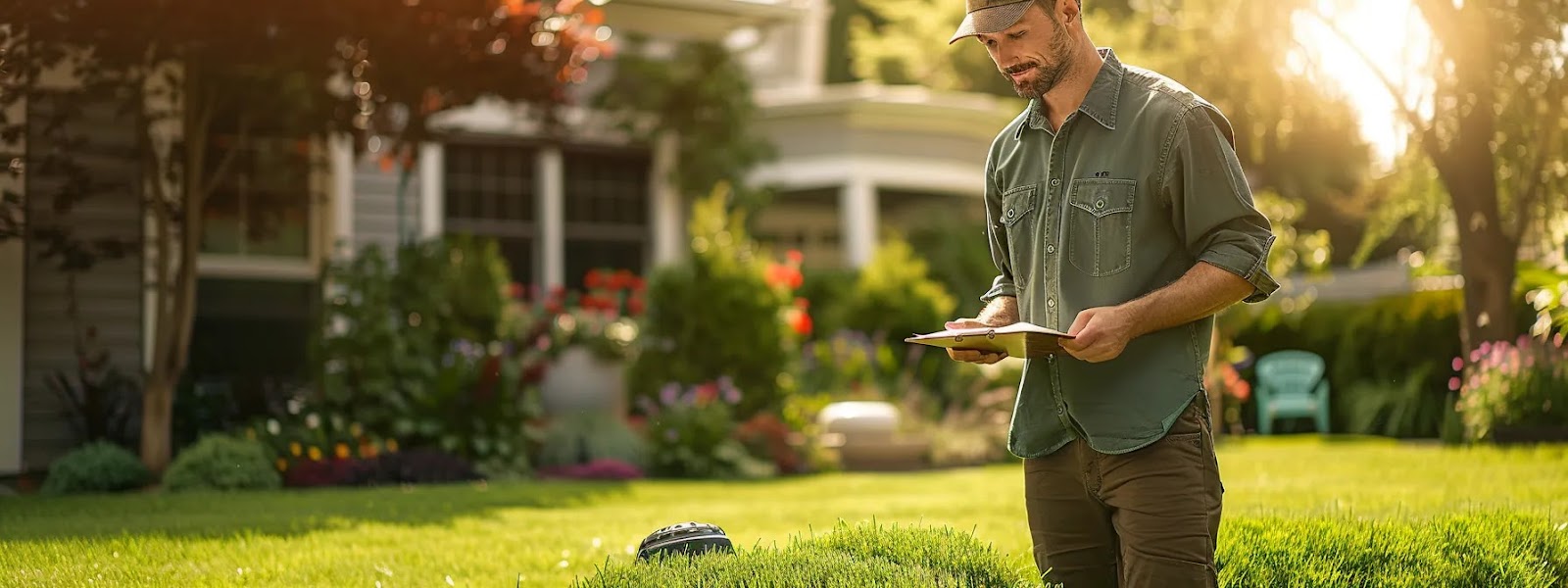 a professional landscaper is assessing a vibrant, freshly laid sod in a well-maintained urban garden, clipboard in hand, as they discuss an effective lawn care routine with a client in the bright afternoon light.