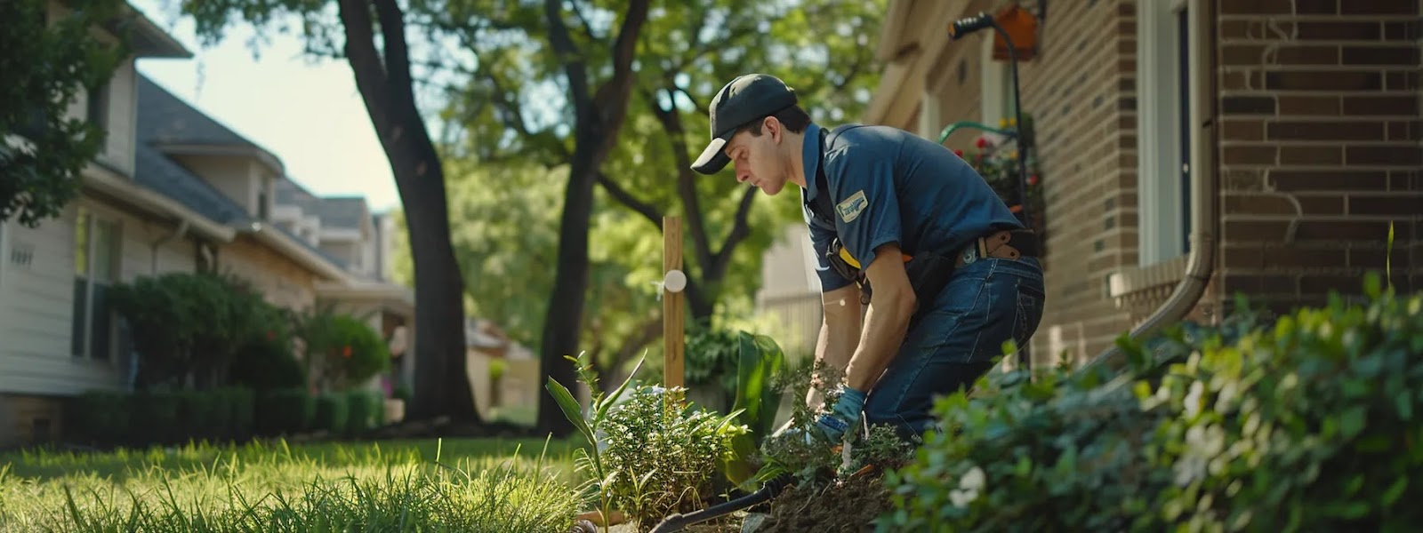 a focused urban scene showcases a technician inspecting a home's foundation, with drainage solutions like french drains and well-maintained gutters clearly visible, highlighting the proactive measures necessary for long-term foundation protection in a bustling dallas neighborhood.