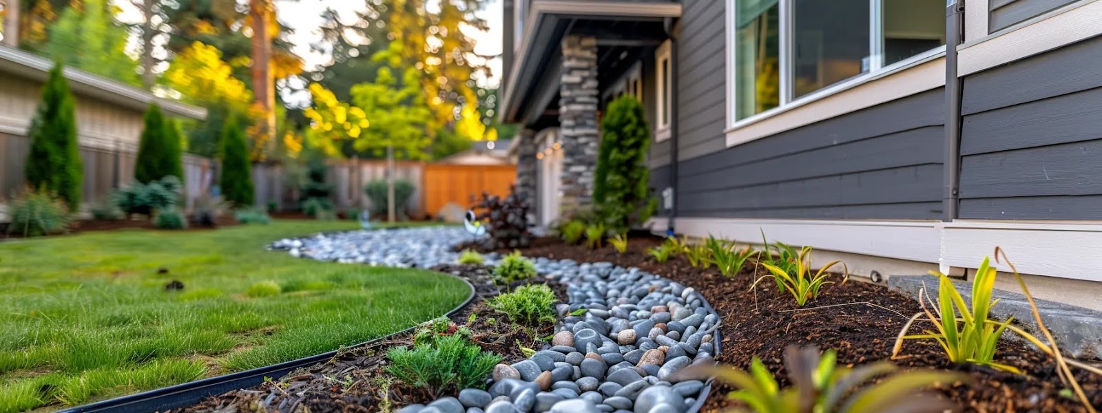 a professional-looking home exterior showcases a variety of drainage solutions—like neatly installed french drains and strategically positioned downspouts—against a backdrop of a well-maintained foundation, illustrating effective mitigation against foundation damage.