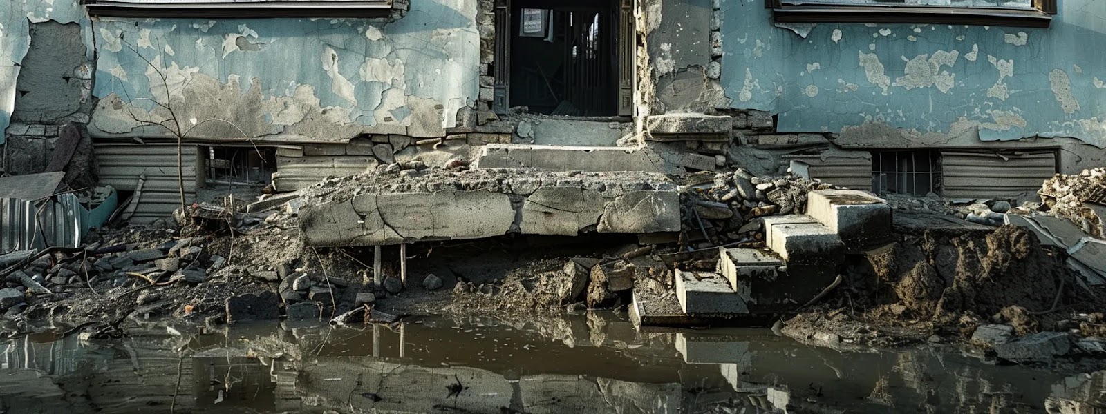 a dramatic urban scene depicts a cracked foundation of a house, surrounded by visibly pooling water and compromised drainage pipes, highlighting the stark consequences of poor drainage on structural integrity.