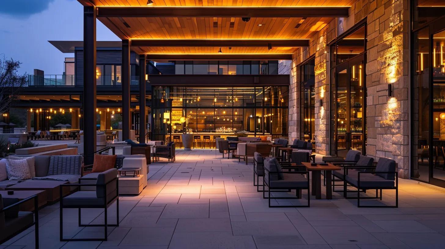 a modern outdoor patio showcases a striking contrast of sleek polished concrete and rustic natural stone elements, beautifully illuminated by warm ambient lighting, creating an inviting space for relaxation and social gatherings.