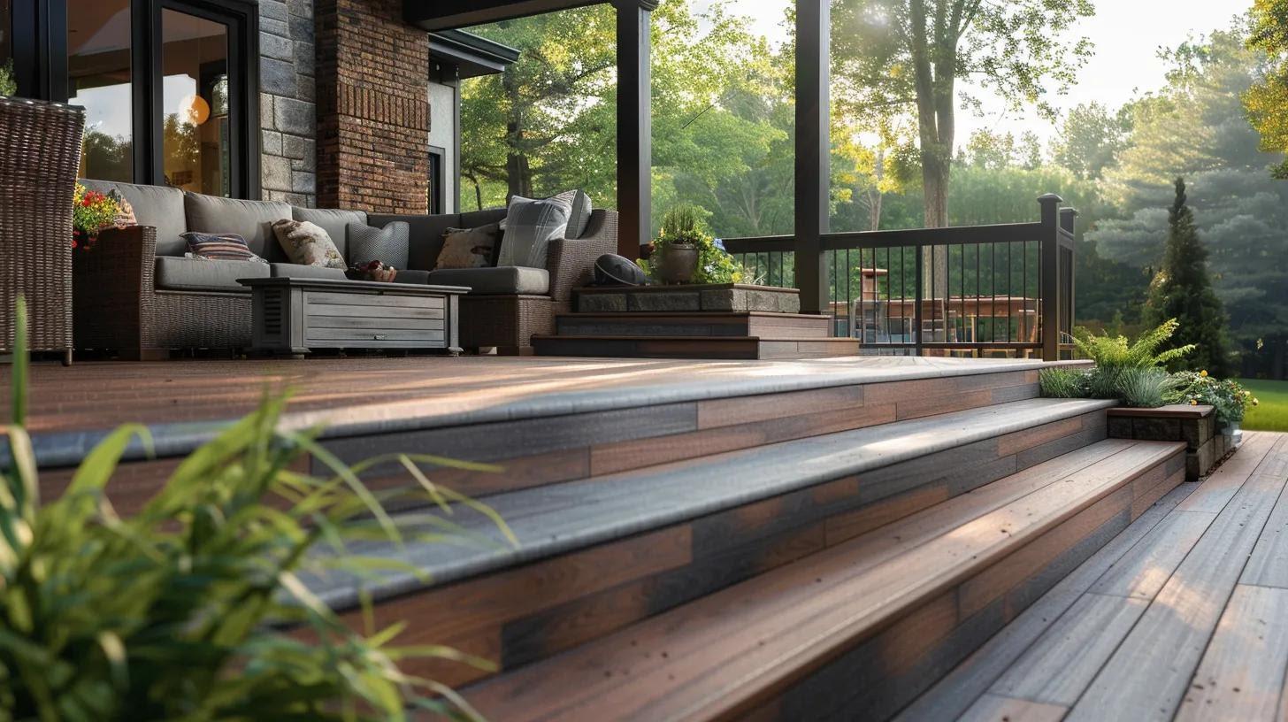 an aesthetically modern outdoor patio showcases a striking arrangement of various materials—sleek concrete, rich red brick, elegant natural stone, warm wood decking, and versatile composite options—highlighted under bright, inviting lighting to emphasize their unique textures and styles.