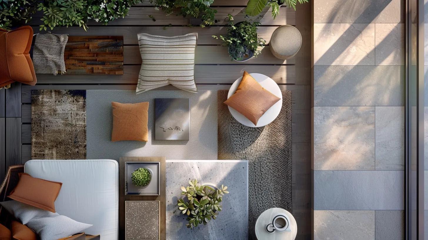 a sleek, contemporary outdoor patio is meticulously arranged with various stylish material samples, showcasing a blend of textures and colors against a chic urban backdrop, inviting homeowners to explore their aesthetic and functional choices.