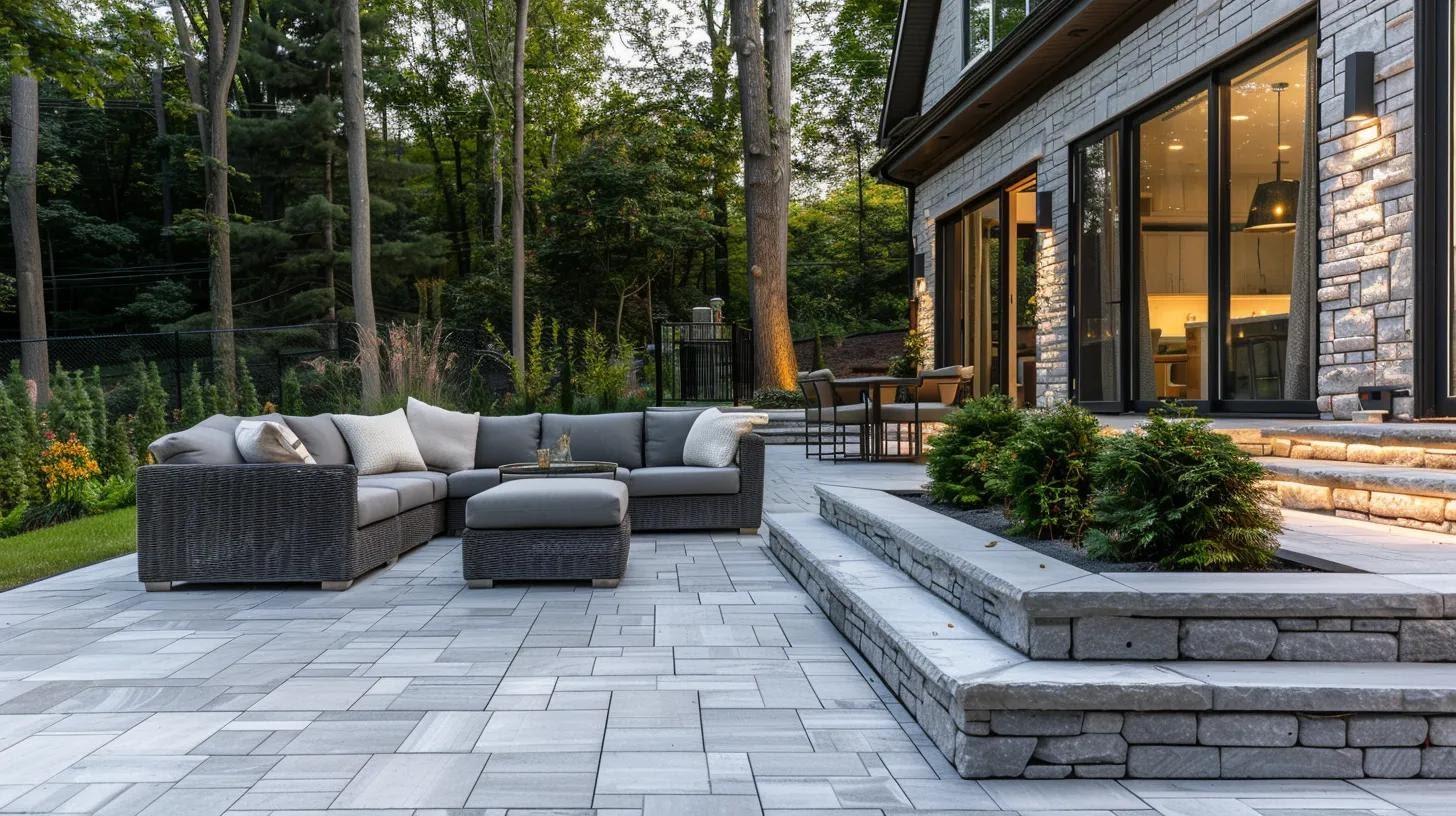 a sleek, modern outdoor patio, elegantly showcasing a variety of contemporary materials and textures, neatly arranged beside a stylish outdoor furniture set, all under warm, ambient lighting that highlights the project's thoughtful budgeting and design choices.