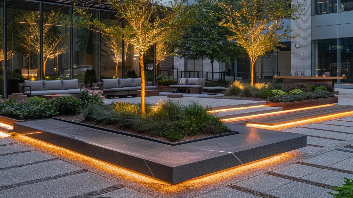 a sleek, modern patio area is showcased, featuring various textured surfaces under a crisp artificial light, emphasizing the differences in durability and maintenance requirements for each material during an informative presentation.