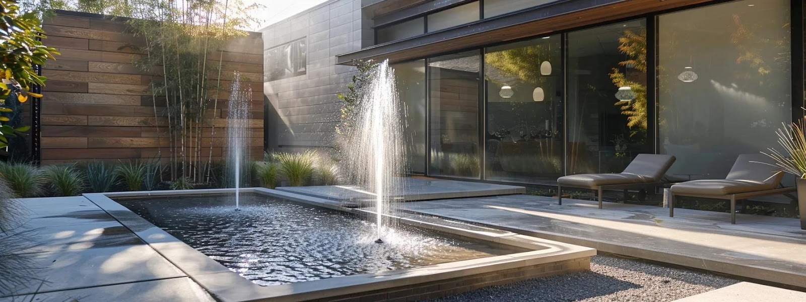 a stylish modern patio features an elegant misting system and a contemporary fountain, creating a serene and refreshing oasis that counters the intense alabama heat against a sleek urban backdrop.