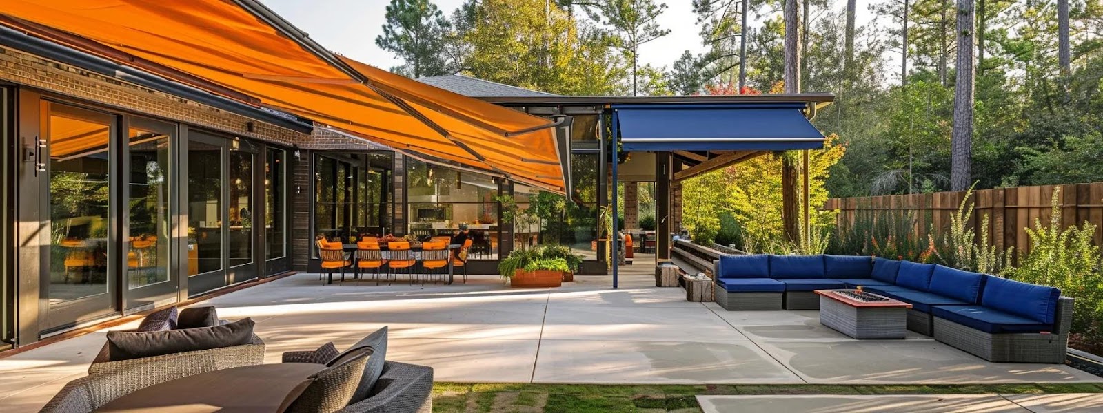 a modern alabama patio bathed in warm afternoon light showcases a stylish arrangement of vibrant, adjustable umbrellas and a sleek retractable awning, creating a dynamic interplay of shade and sun, perfect for outdoor relaxation.