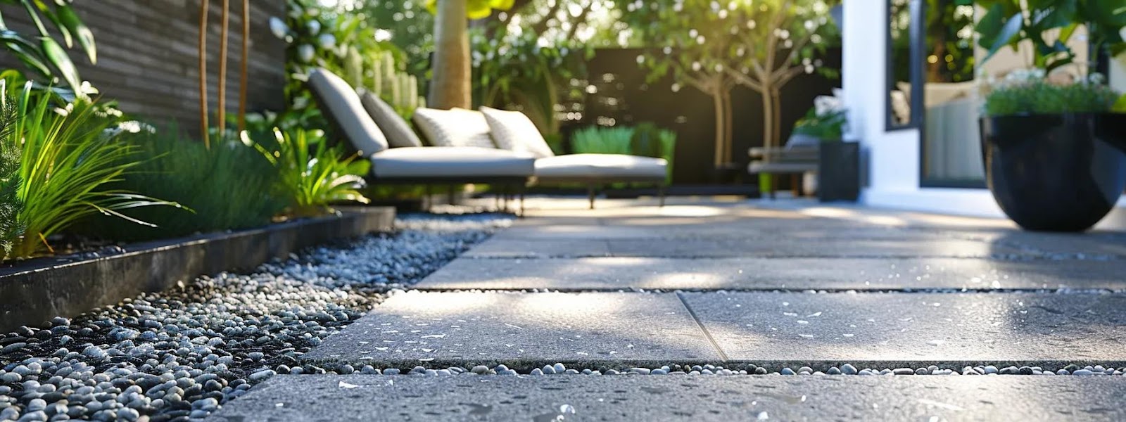 a bright and modern patio showcases a variety of light-colored, heat-resistant materials such as pavers and decking, reflecting sunlight to create a comfortable lounging area, contrasted against the harsh dark tones of nearby asphalt.