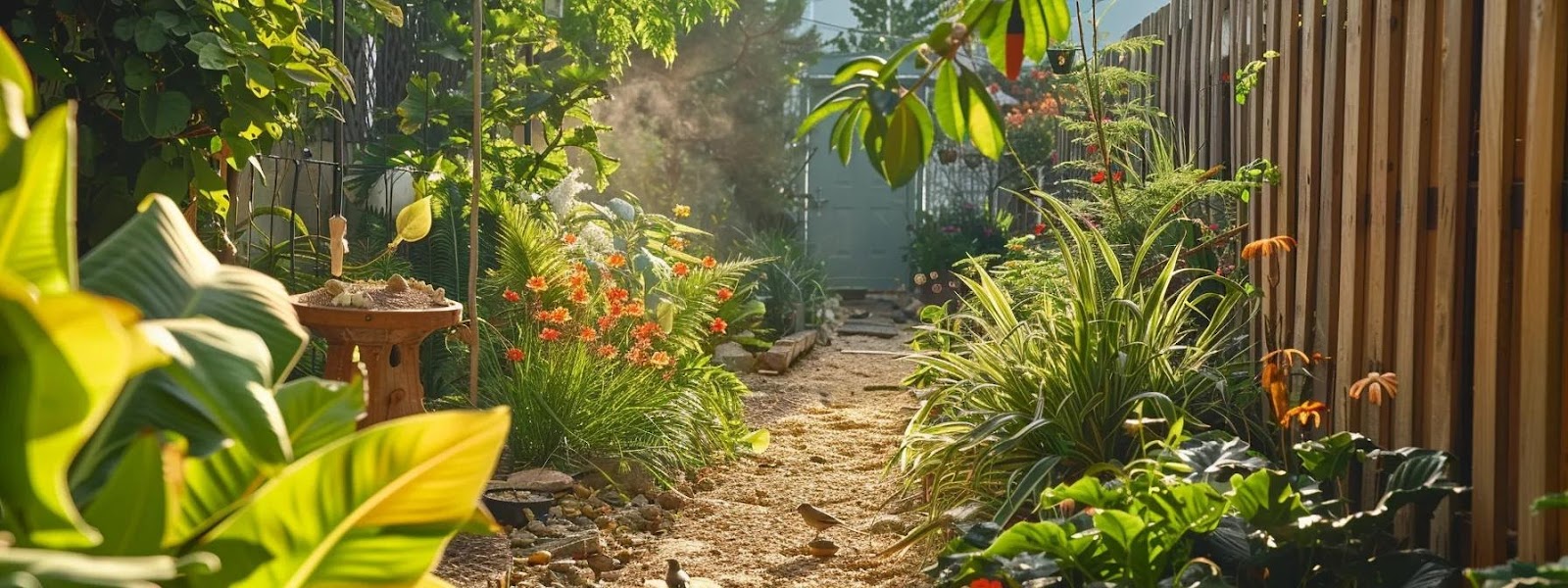 a vibrant urban backyard setting showcases an assortment of native plants strategically positioned alongside beautifully crafted bird feeders, attracting a diverse array of colorful birds and butterflies, all set against a sunny background that emphasizes the harmony between sustainable gardening and local wildlife.