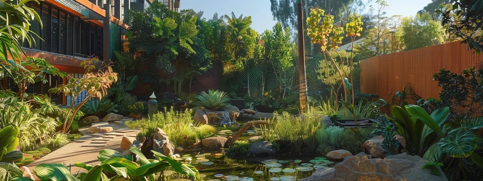 a vibrant backyard wildlife sanctuary showcases a variety of native plants interspersed with a tranquil water feature, exuding an inviting atmosphere for local animals and insects, all set against a well-kept urban garden backdrop.