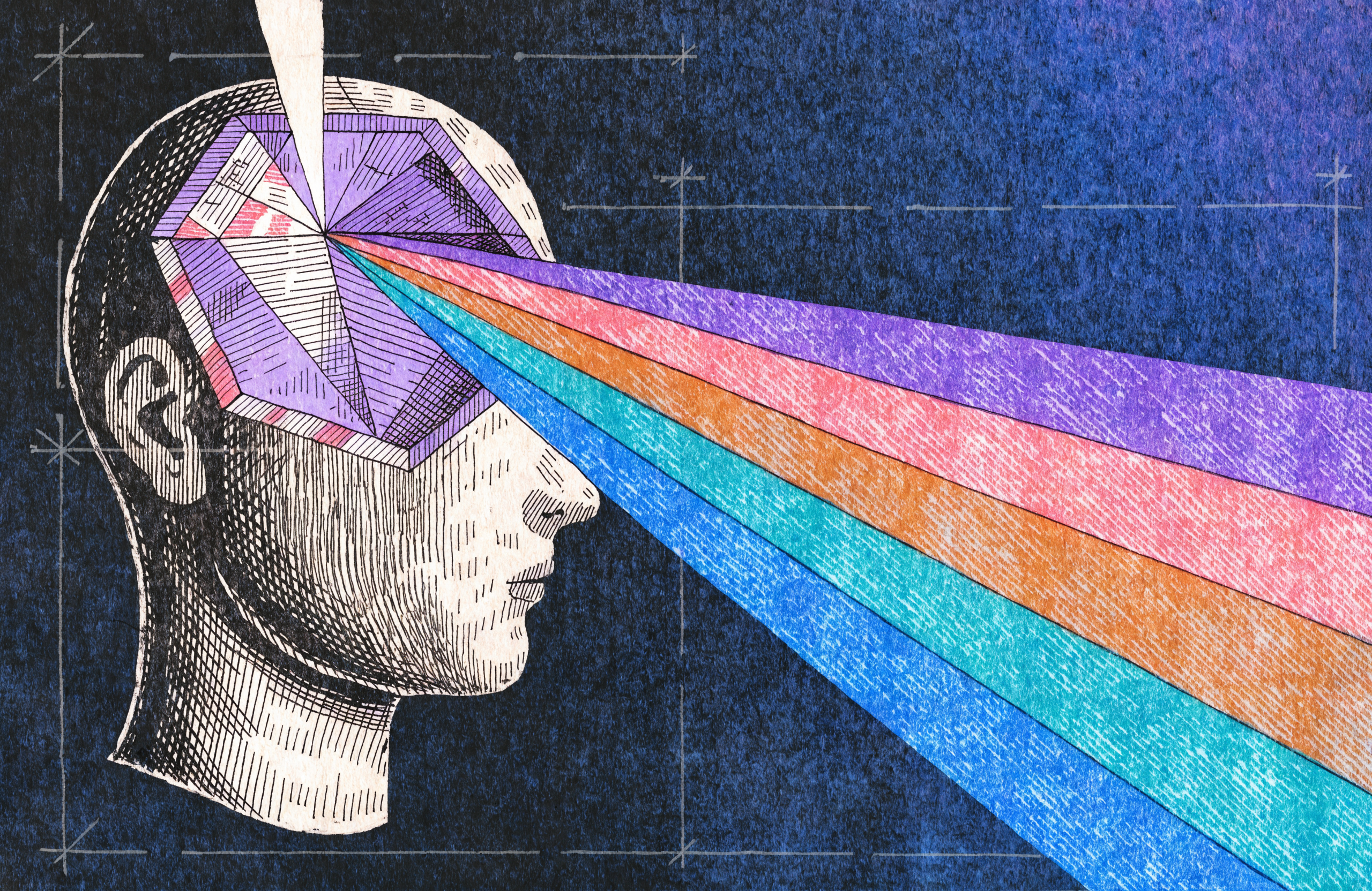 A human profile opening into a prism that refracts a single beam of light into six coloured rays