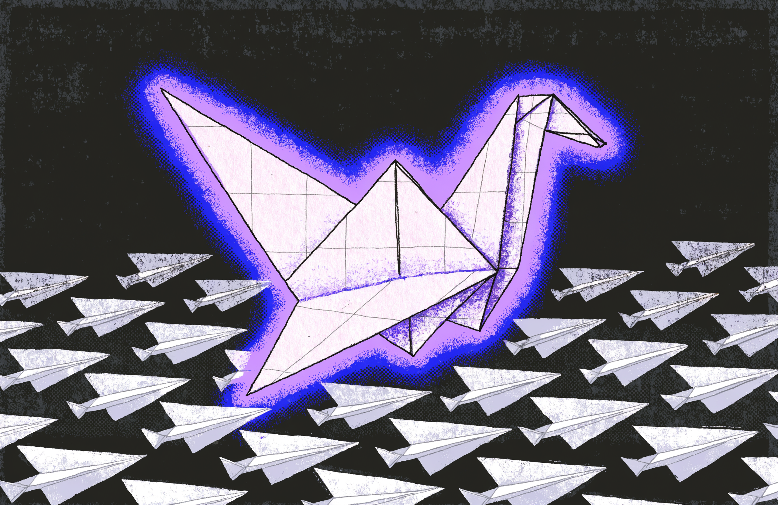 A single luminous origami crane folded from a blueprint sheet, rising above a flock of identical grey paper planes