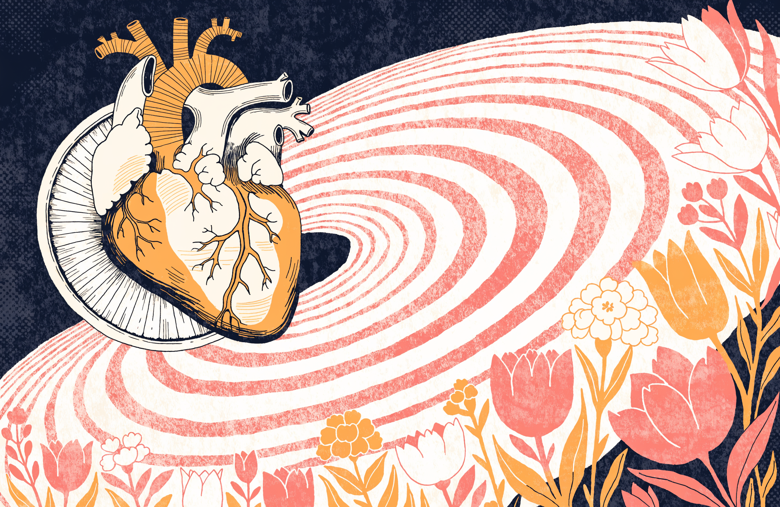 An anatomical heart rendered as a loudspeaker emitting coral soundwaves that bloom into wildflowers