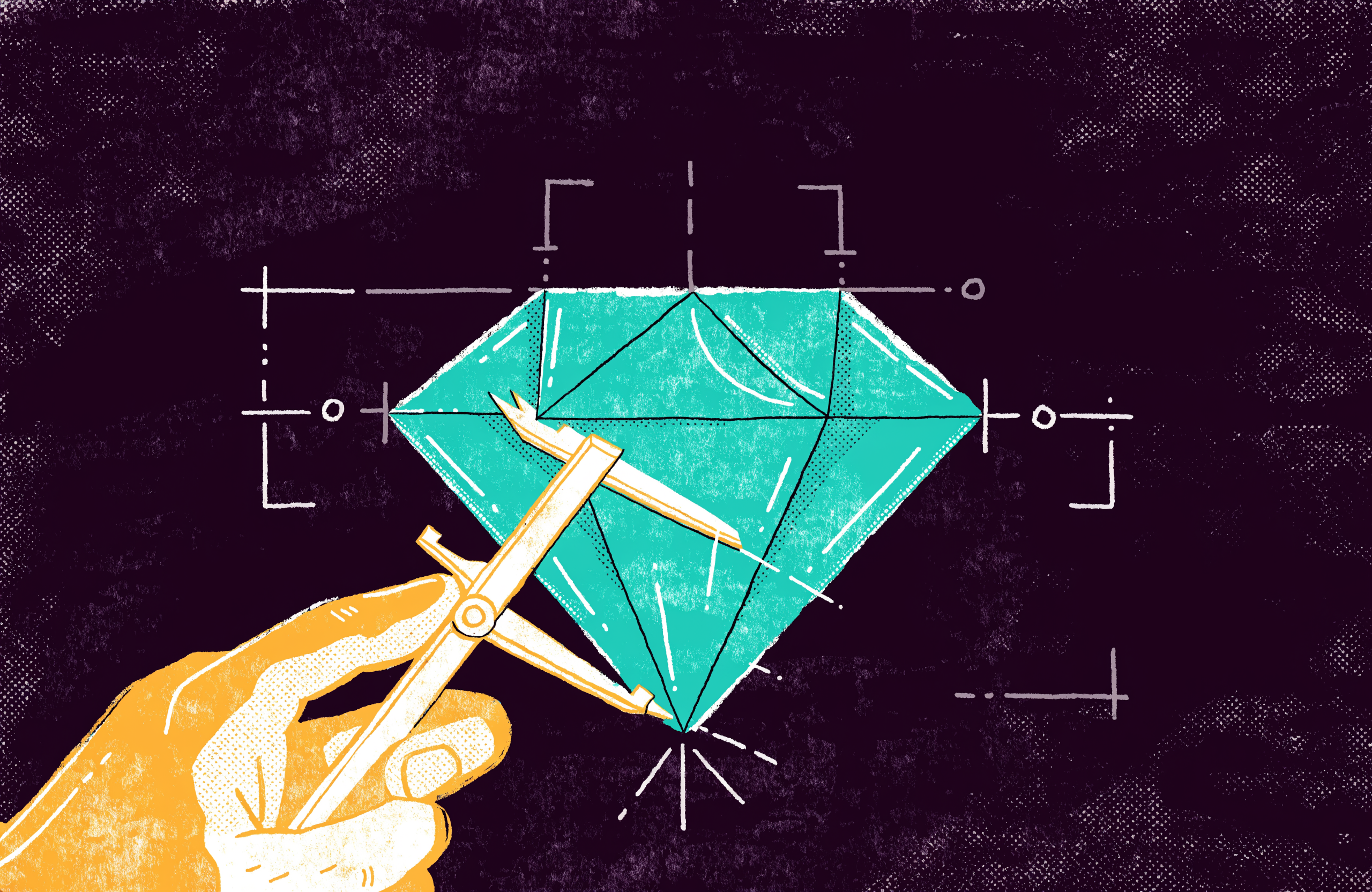 A craftsman's hand and a precision caliper cutting a glowing idea-gem into perfect facets