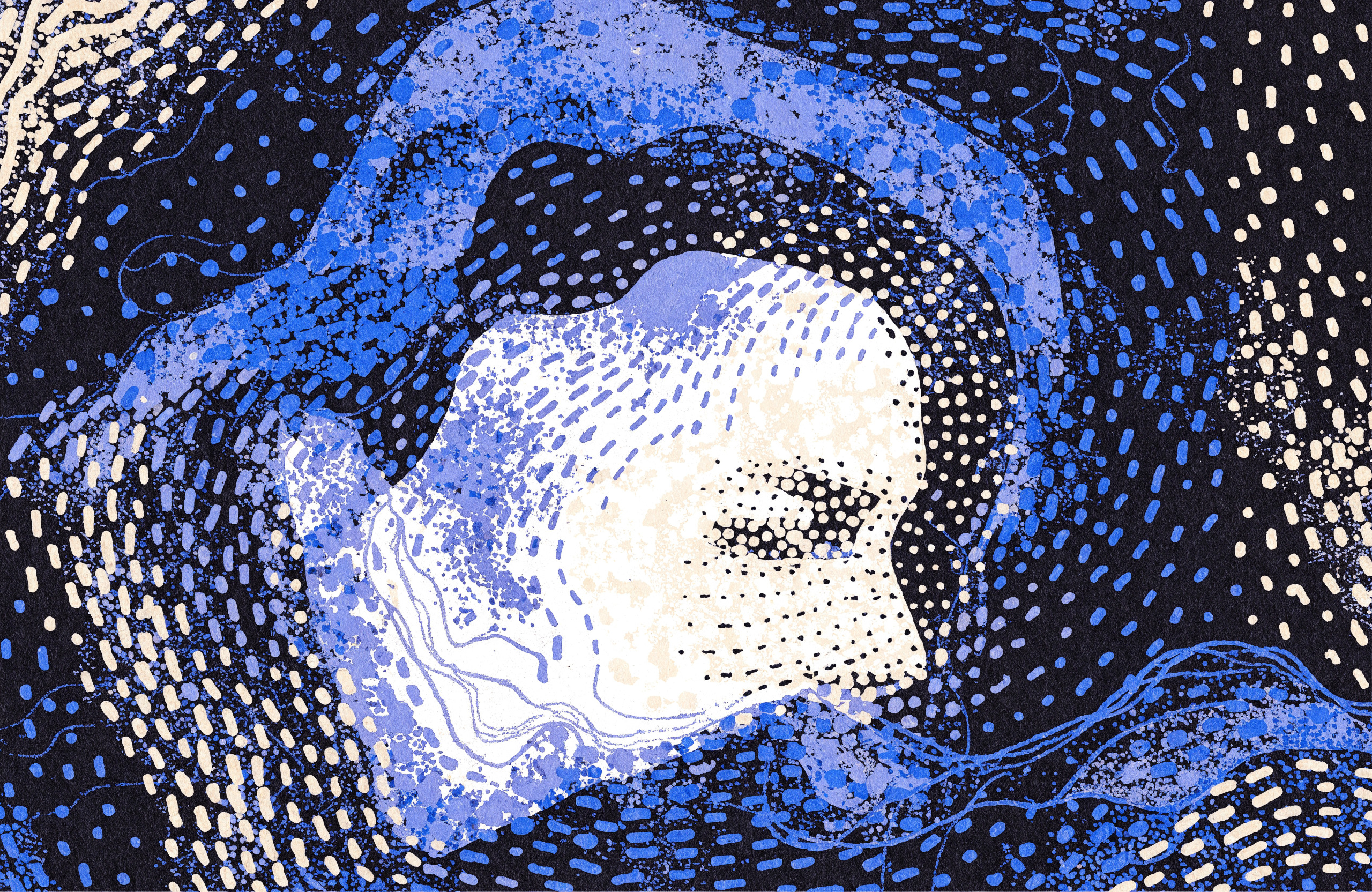 A field of indigo dots from which a clear figure quietly emerges, with layered planes suggesting depth