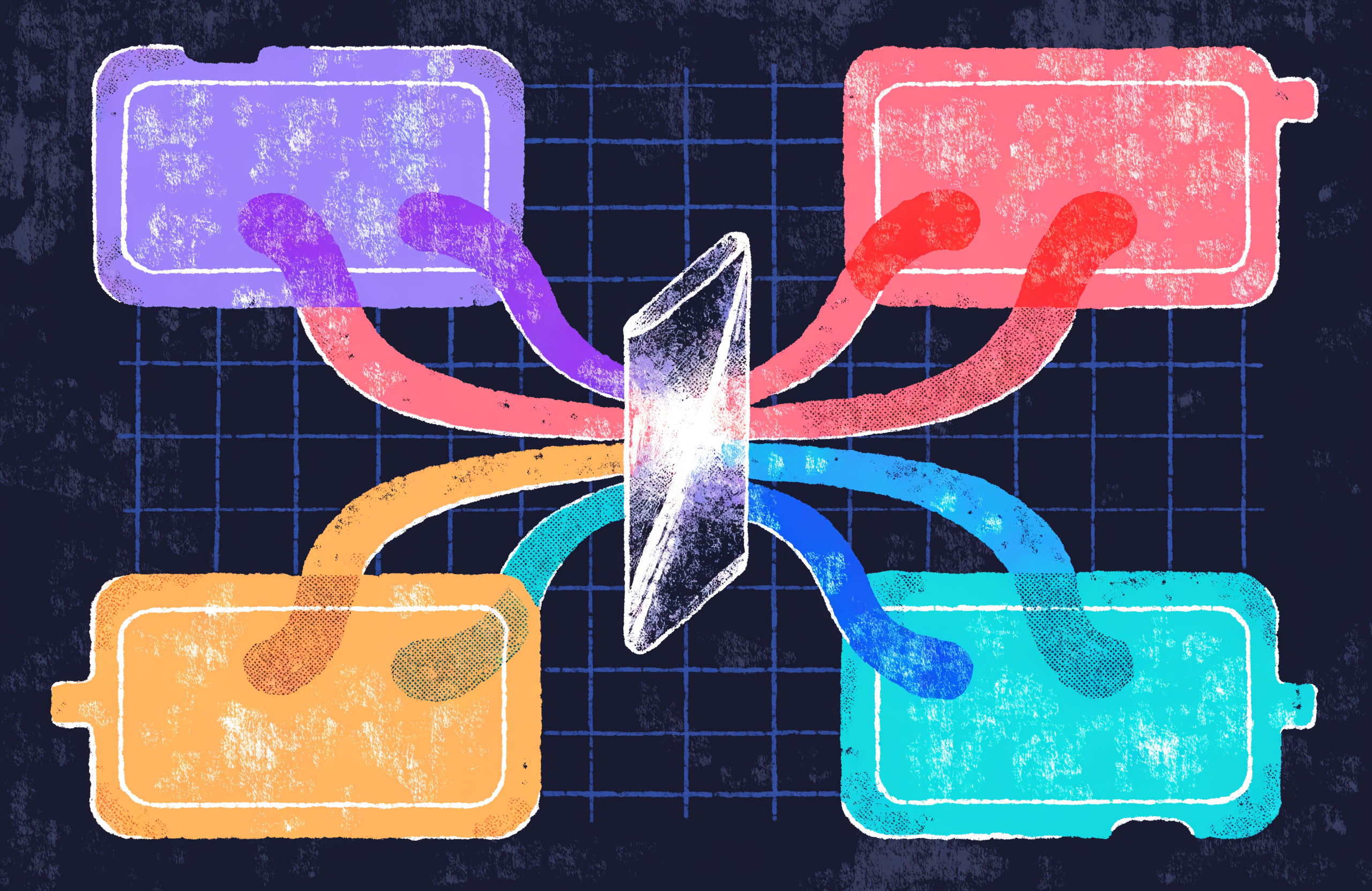 A central prism splits light into six colours that feed four glowing social media screens arranged around it