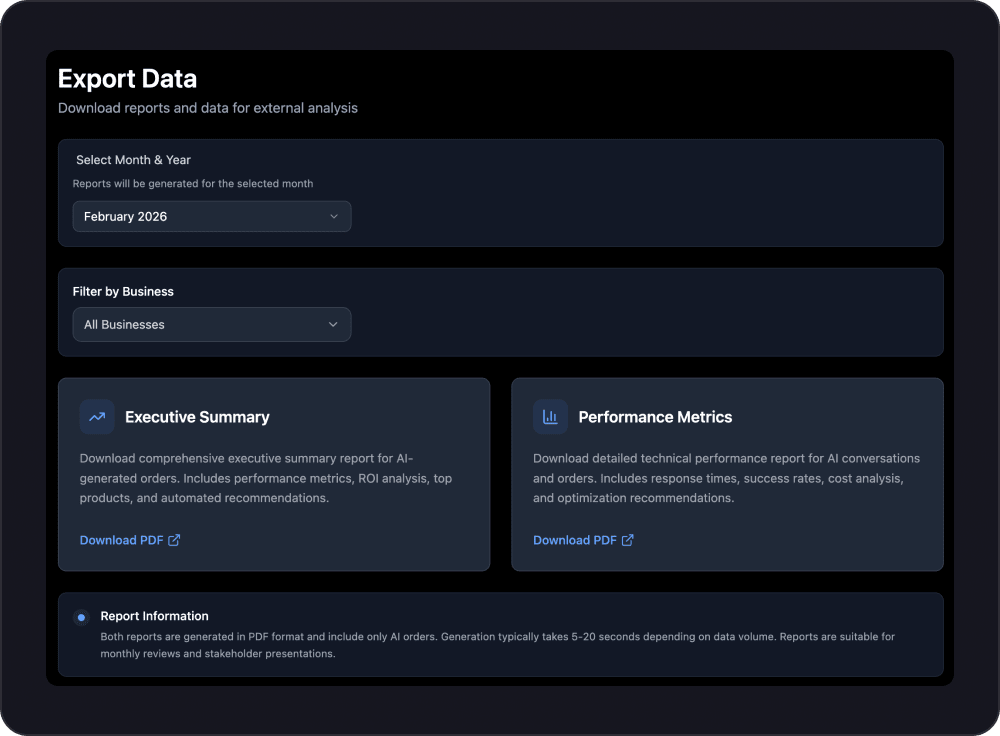 Export data and reports view