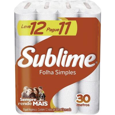 Papel Higiênico Sublime Folha simples - 30m Pacote com 12 rolos