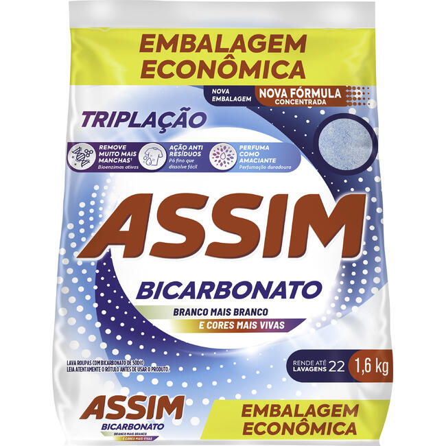 Detergente em Pó Assim Triplação Bicarbonato Pacote com 1,6kg