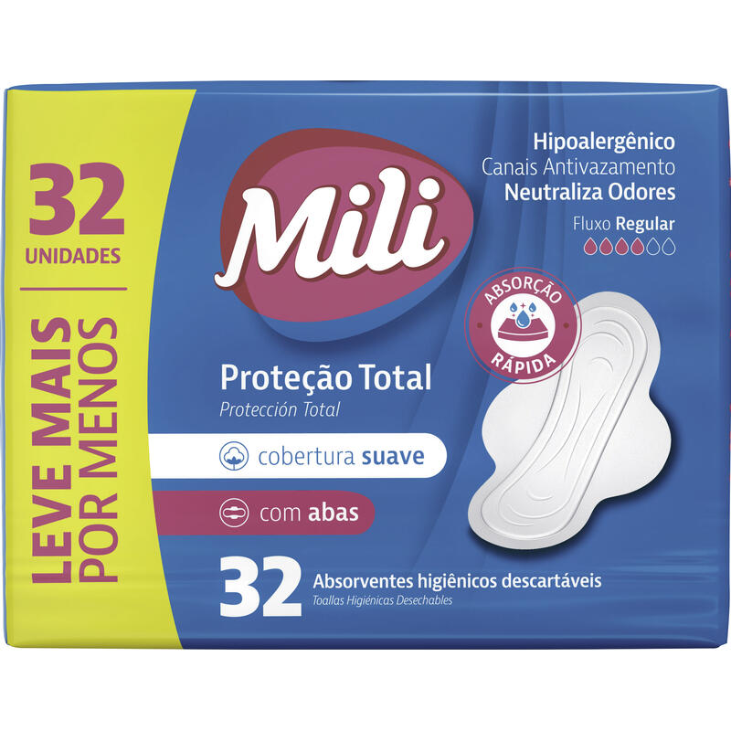 Absorvente Proteção Total Mili Suave com Abas Pacote com 32 unidades