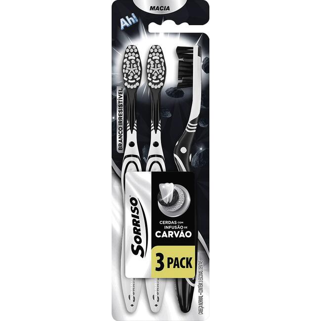Escova Dental Sorriso Carvão Pack com 3 unidades