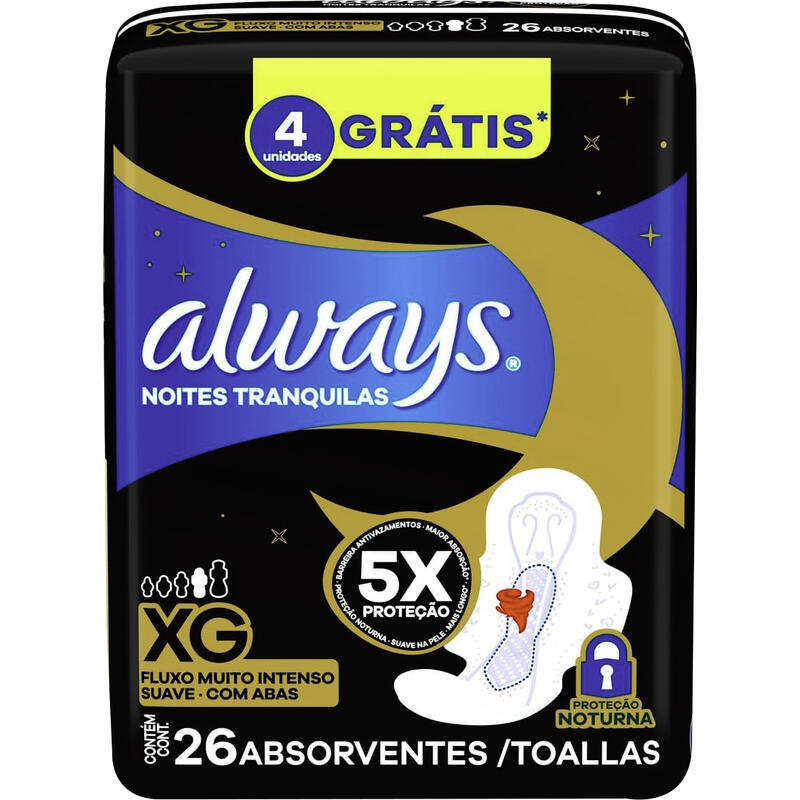 Absorvente Noturno Always XG Suave com abas Pacote com 26 unidades