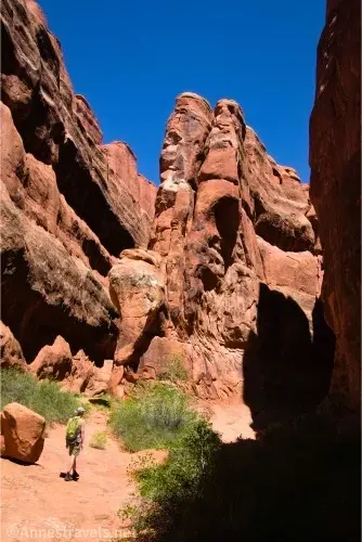 A hiker on a slickrock surface in a deep canyon with a slickrock fin in the middle of the canyon