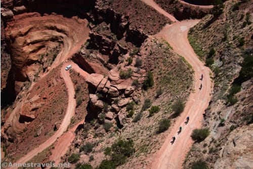 An SUV and bicycles on the Schafer Trail, Island in the Sky District of Canyonlands National Park, Utah