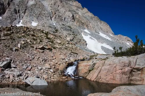 Waterfall directly below Loch Leven - most people seemed to walk right by this, but it's a beautiful place to have a snack.  Piute Pass Trail, Inyo National Forest, California