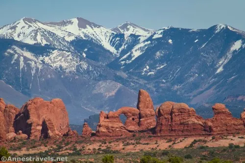 Turret Arch and the La Sal Mountains.  If you look closely on the left, you can see part of Double Arch. Arches National Park, Utah