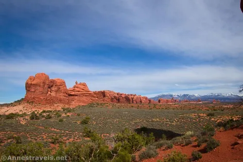 Rocks and the La Sal Mountains from the primitive trail around the Balanced Rock, Arches National Park, Utah