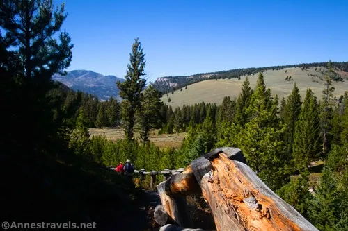 Views back down the Wraith Falls Trail toward meadows and mountains, Yellowstone National Park, Wyoming 