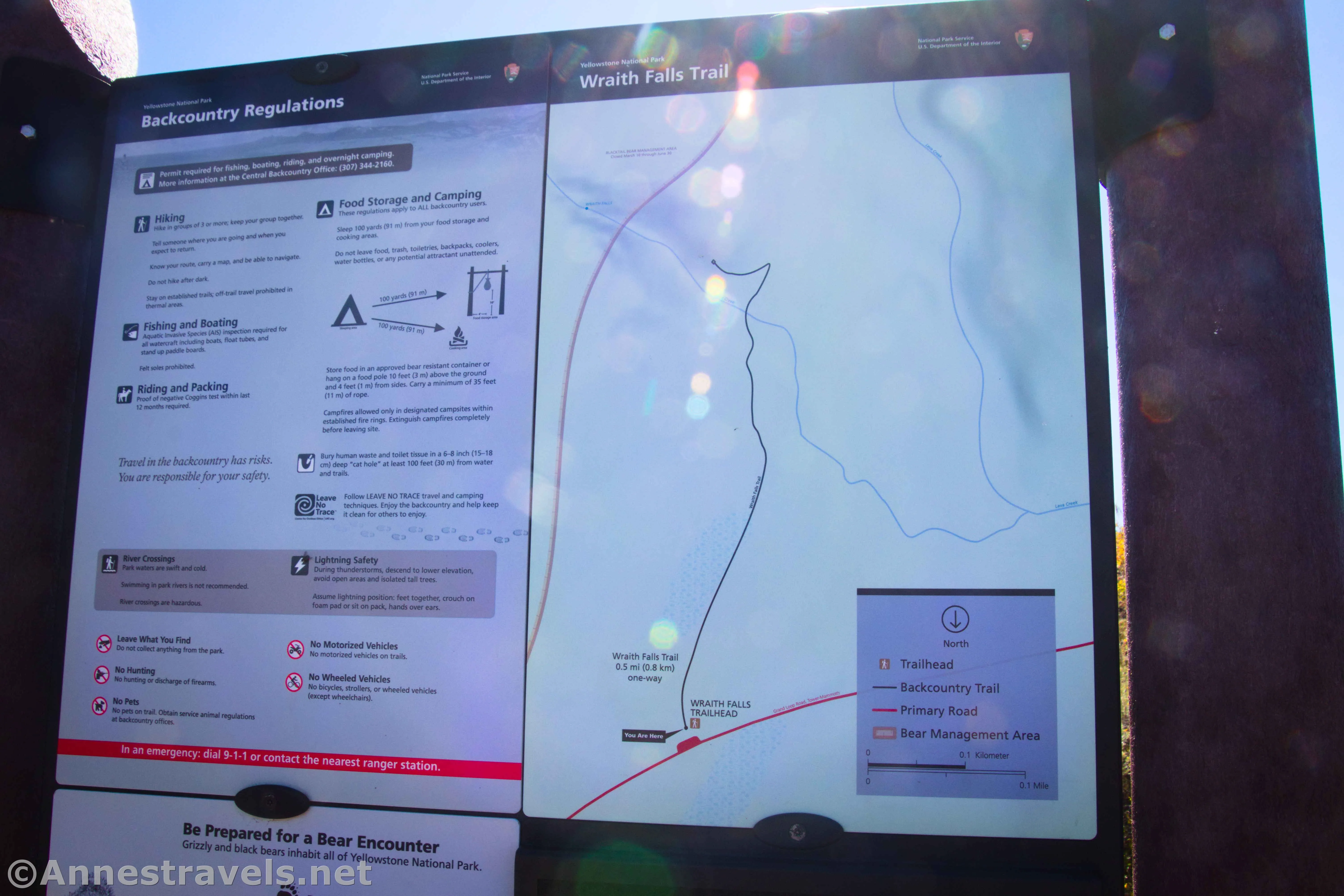 Trail map at the Wraith Falls Trailhead, Yellowstone National Park, Wyoming 