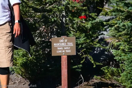 The sign marking the end of the maintained trail on the Emmons Moraine Trail, Mount Rainier National Park, Washington