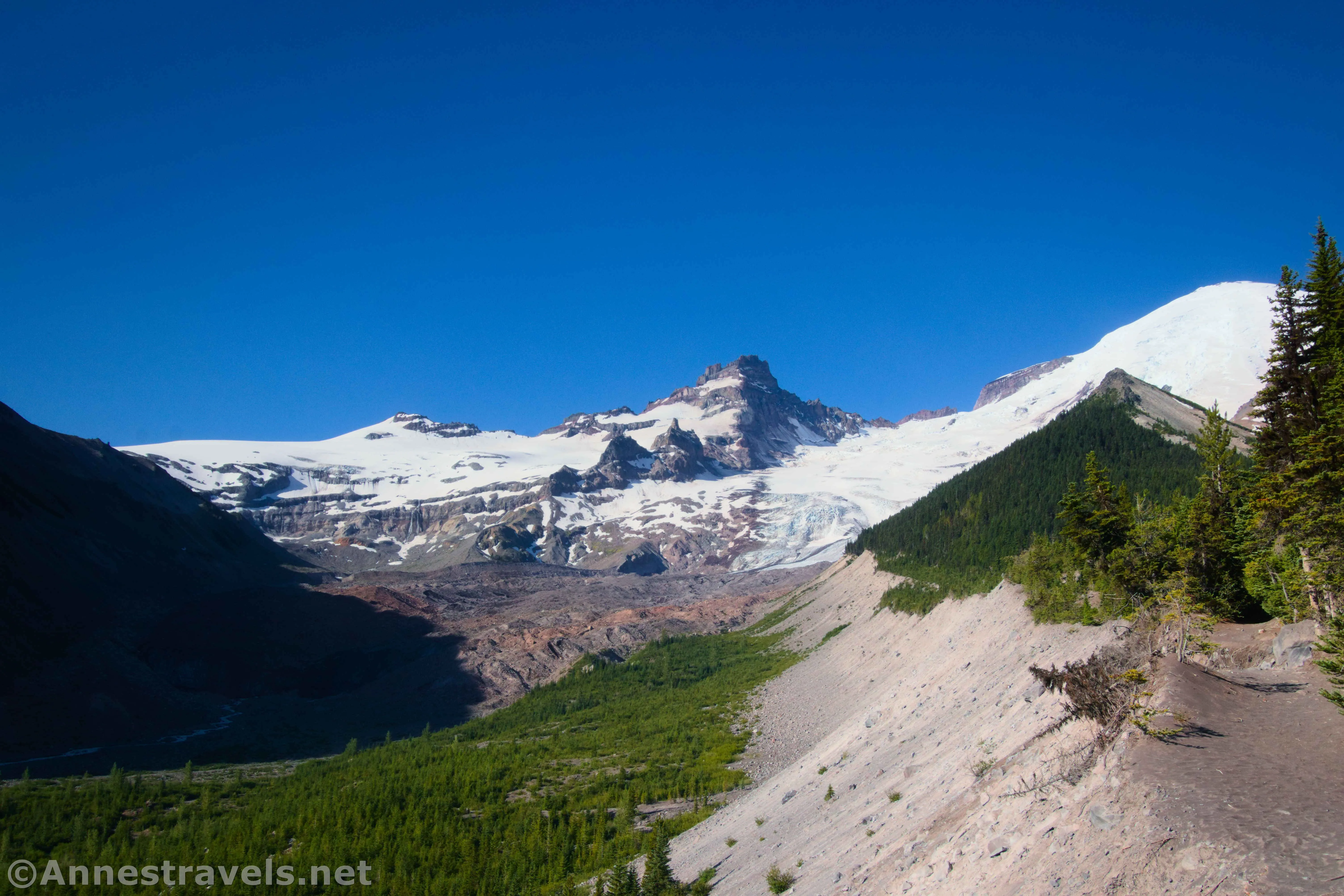 Views from near the "end of maintained trail" sign up the Emmons Moraine toward the Emmons Glacier, Mount Rainier National Park, Washington