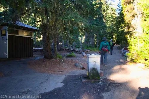 The water fountain where you want to go straight instead of following the road en route to the Glacier Basin Trailhead, Mount Rainier National Park, Washington