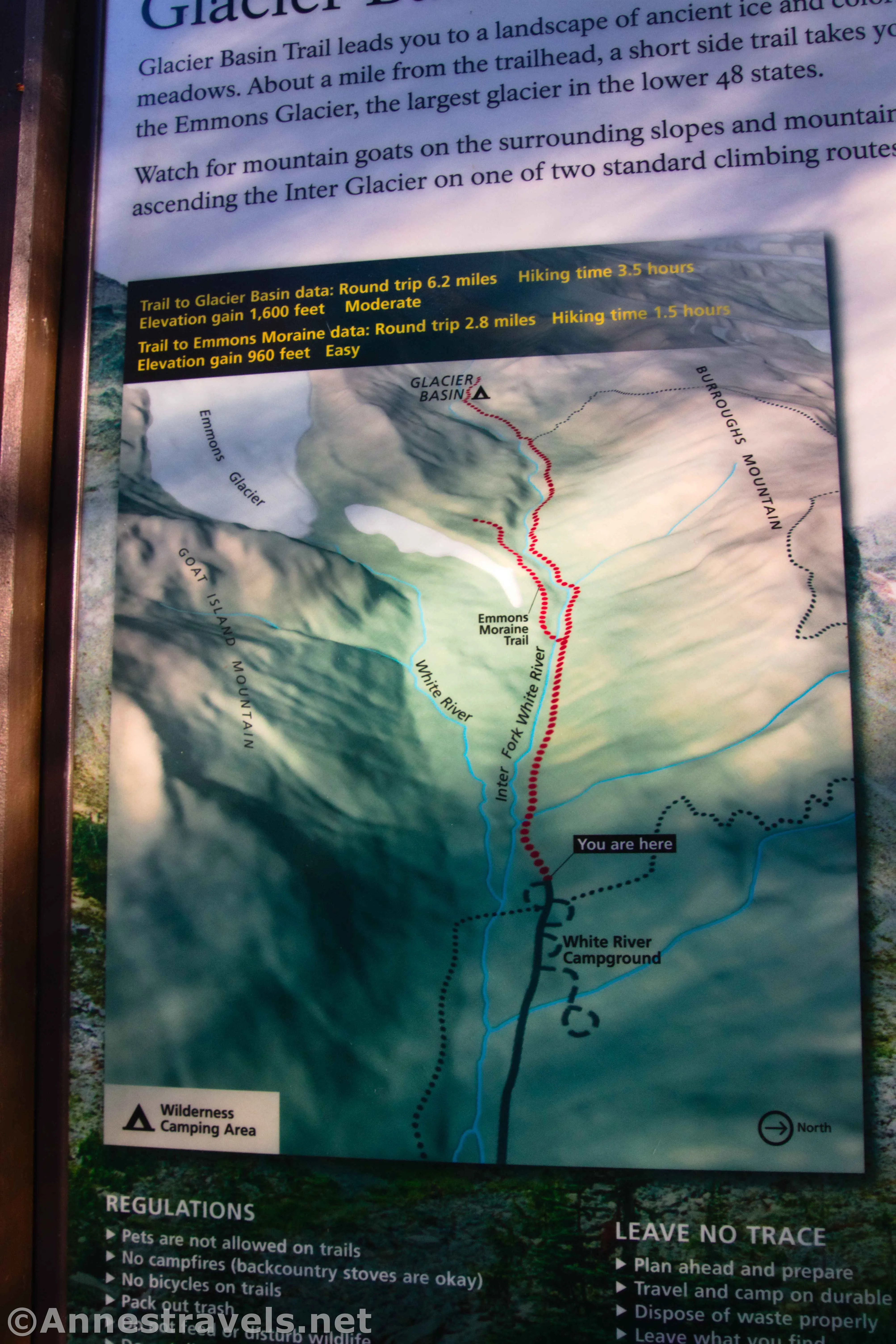 Glacier Basin and Emmons Moraine Trail Map at the trailhead, Mount Rainier National Park, Washington