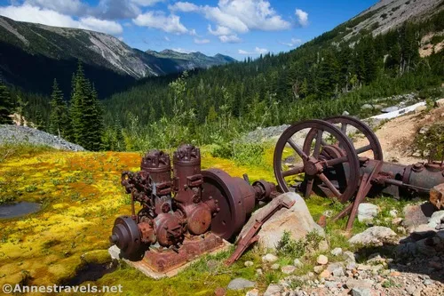 Rusting ruins beside the brilliantly green moss along the Climber's Trail, Mount Rainier National Park, Washington