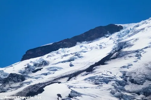 Looking up to the ice and crevasses of the Emmons Glacier from the ridgeline, Mount Rainier National Park, Washington