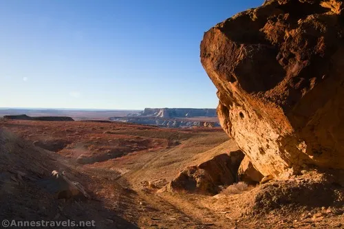 Looking through the break in the hill and along the old road en route to Resurrection Canyon, Glen Canyon National Recreation Area, Utah